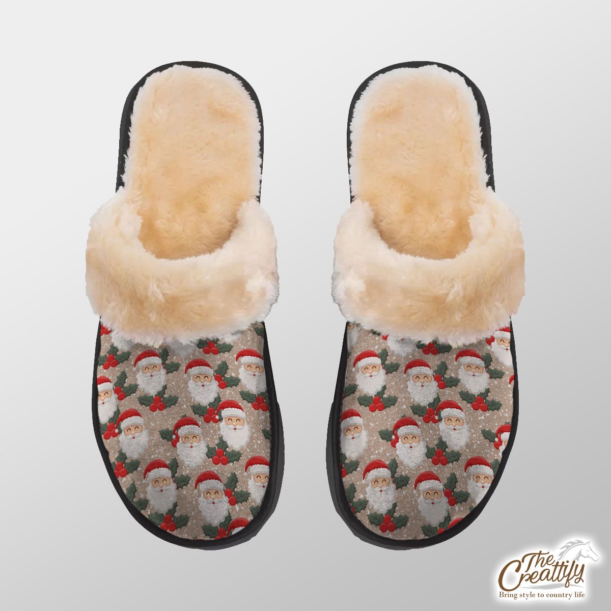 Santa Clause And Holly Leaf On Snowflake Background Home Plush Slippers