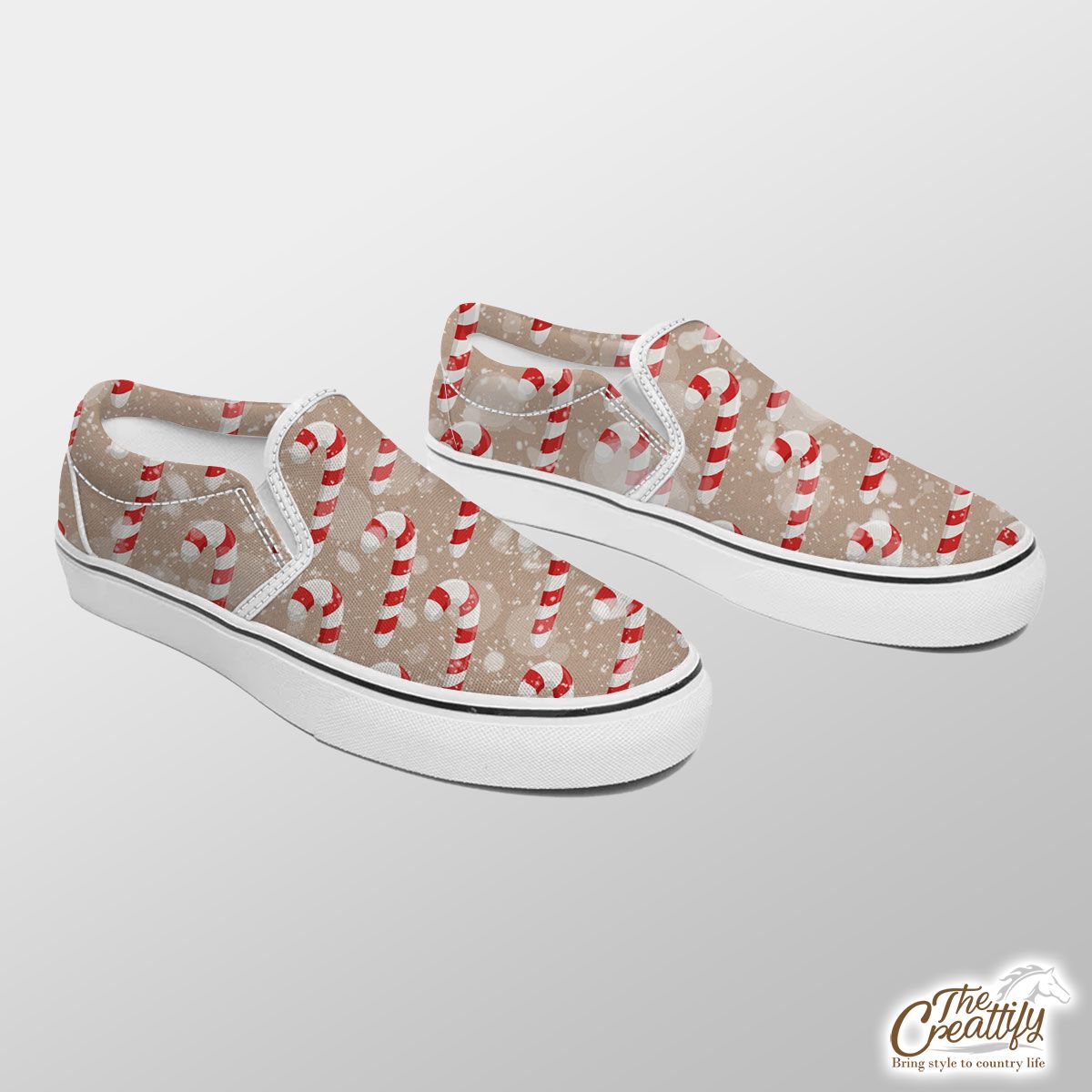 Christmas Candy Cane On Snowflake Background Slip On Sneakers
