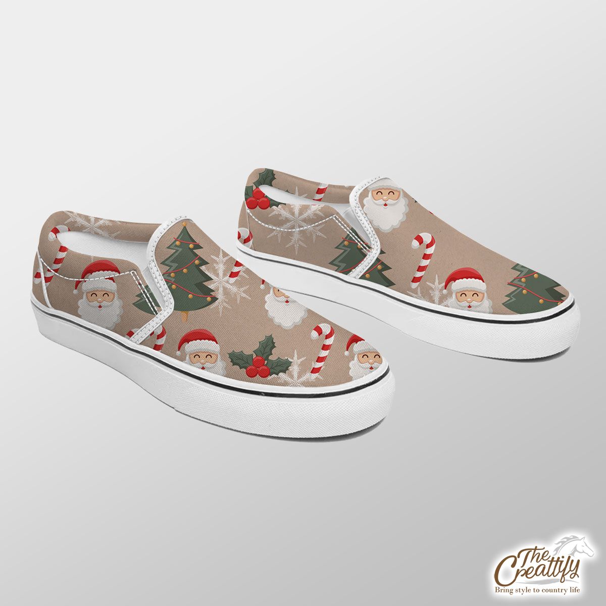 Santa Clause, Christmas Tree, Candy Cane, Holly Leaf On Snowflake Background Slip On Sneakers