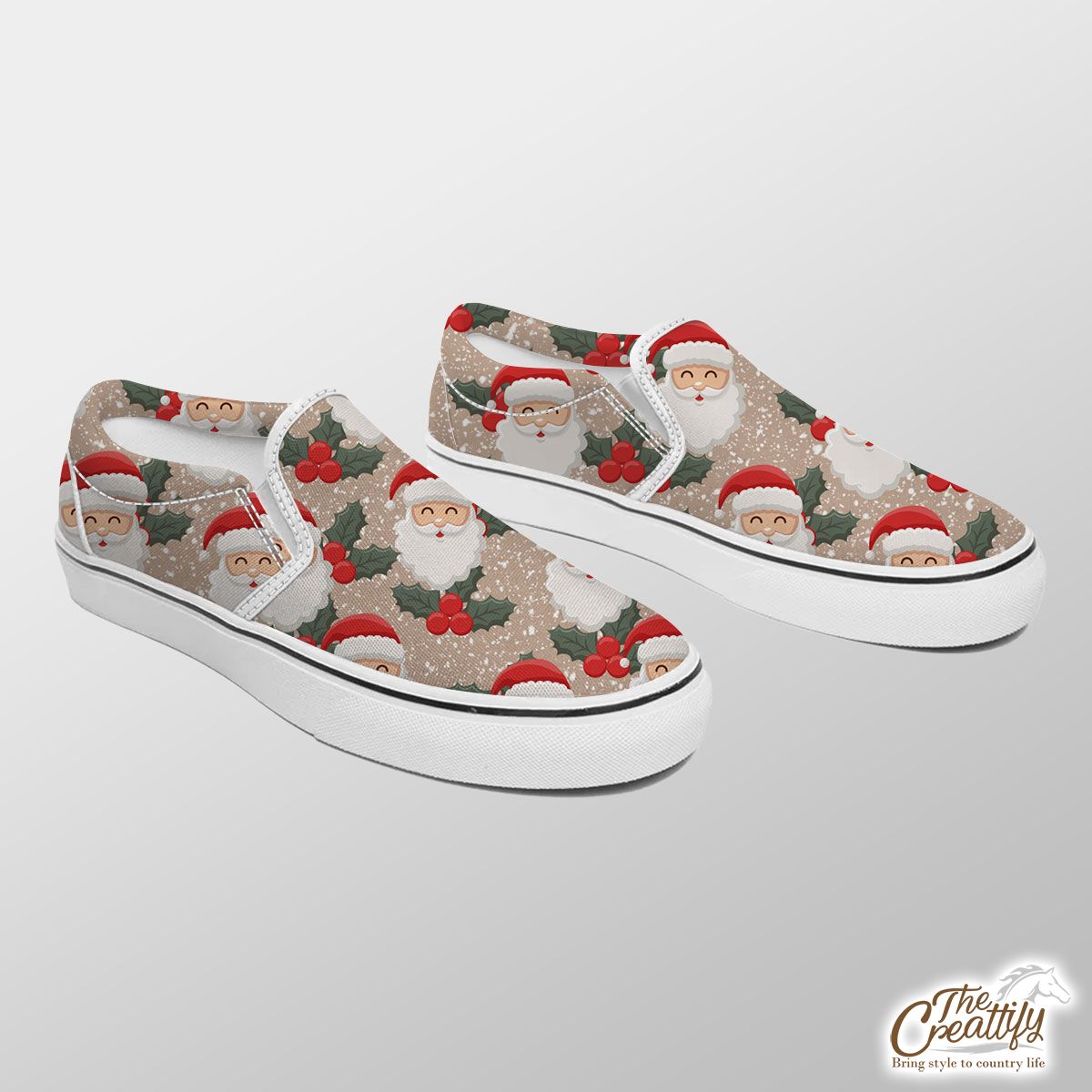Santa Clause And Holly Leaf On Snowflake Background Slip On Sneakers