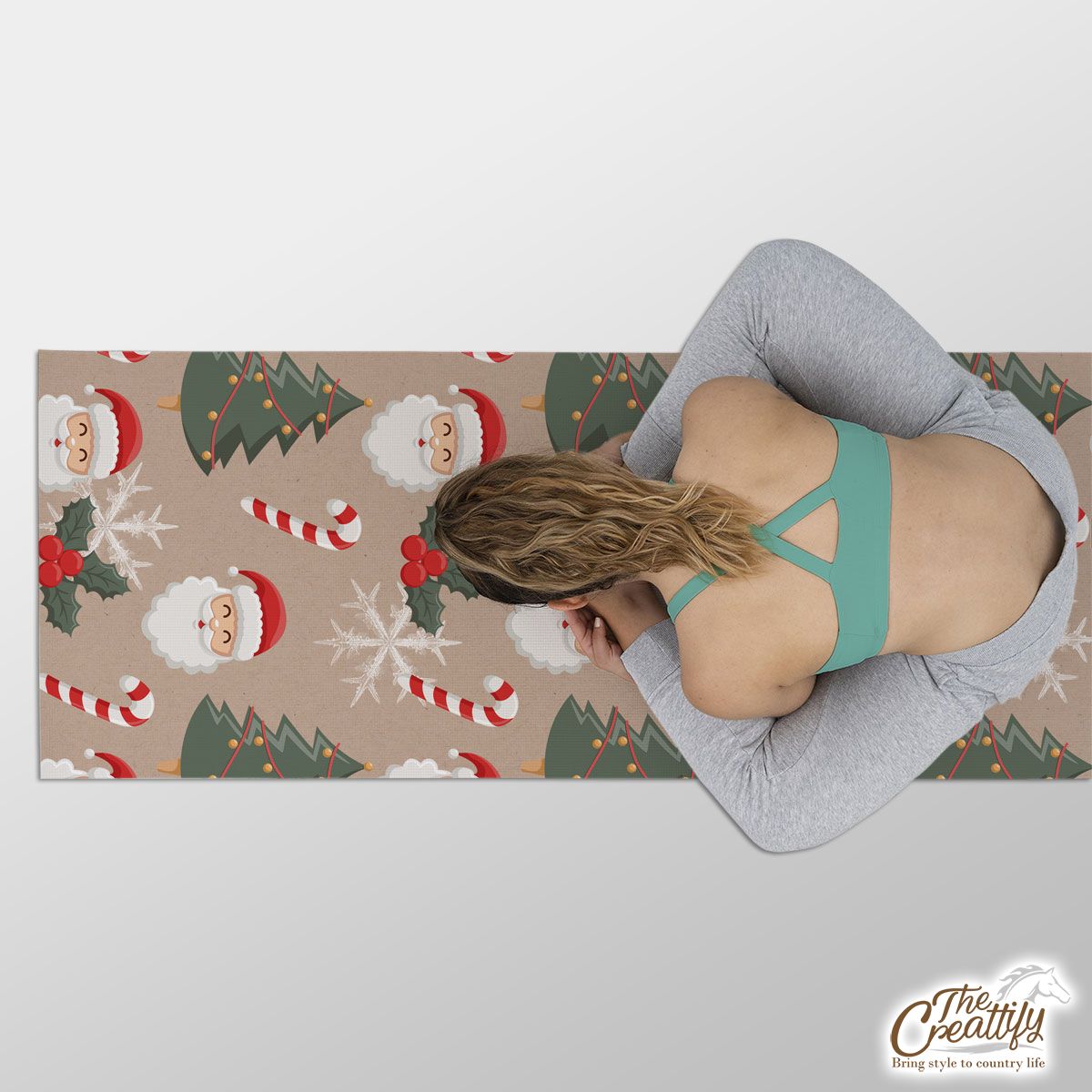Santa Clause, Christmas Tree, Candy Cane, Holly Leaf On Snowflake Background Yoga Mat