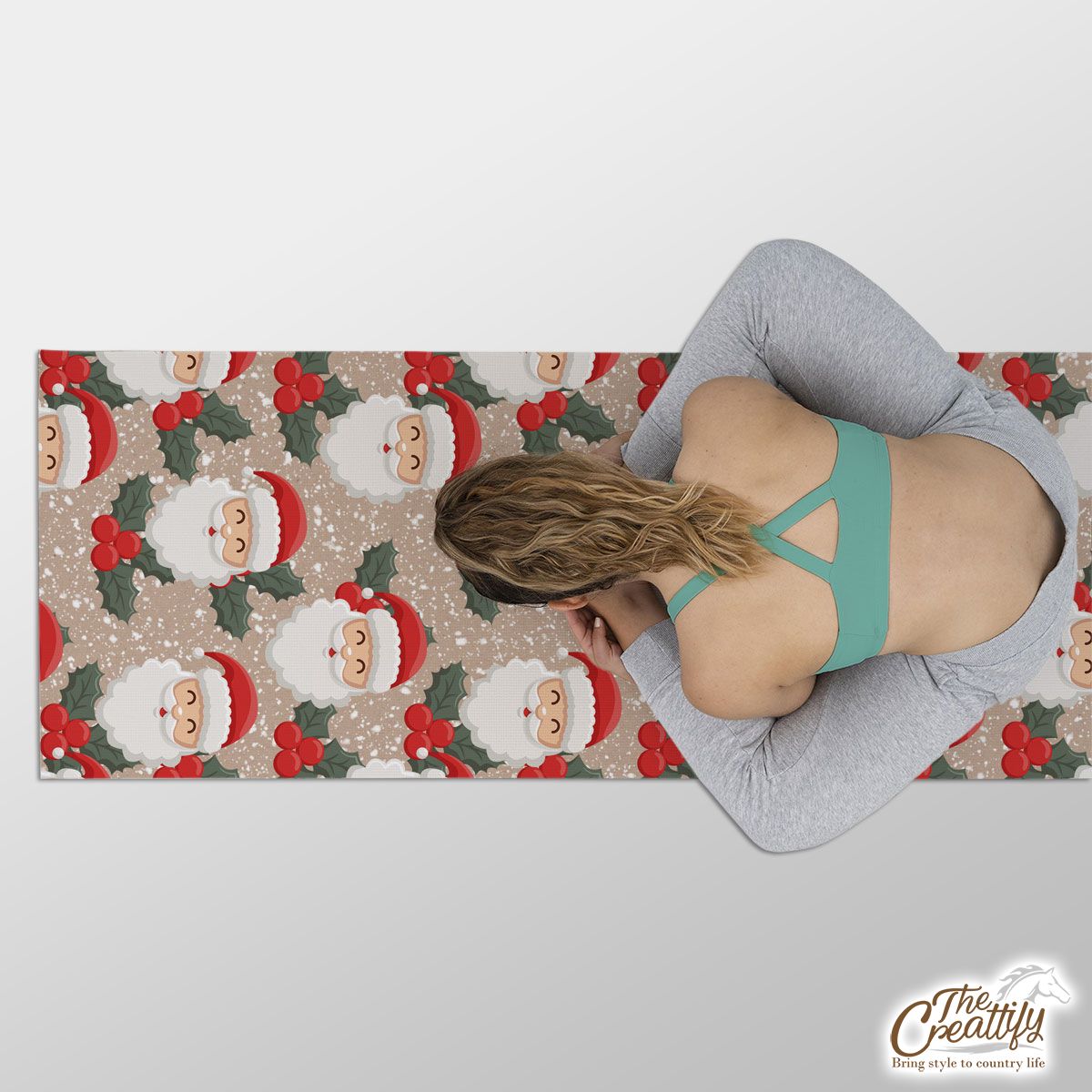 Santa Clause And Holly Leaf On Snowflake Background Yoga Mat