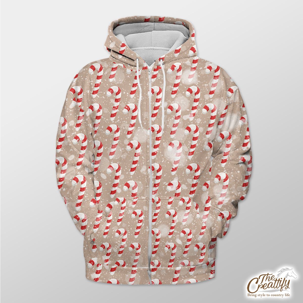 Christmas Candy Cane On Snowflake Background Zip Hoodie