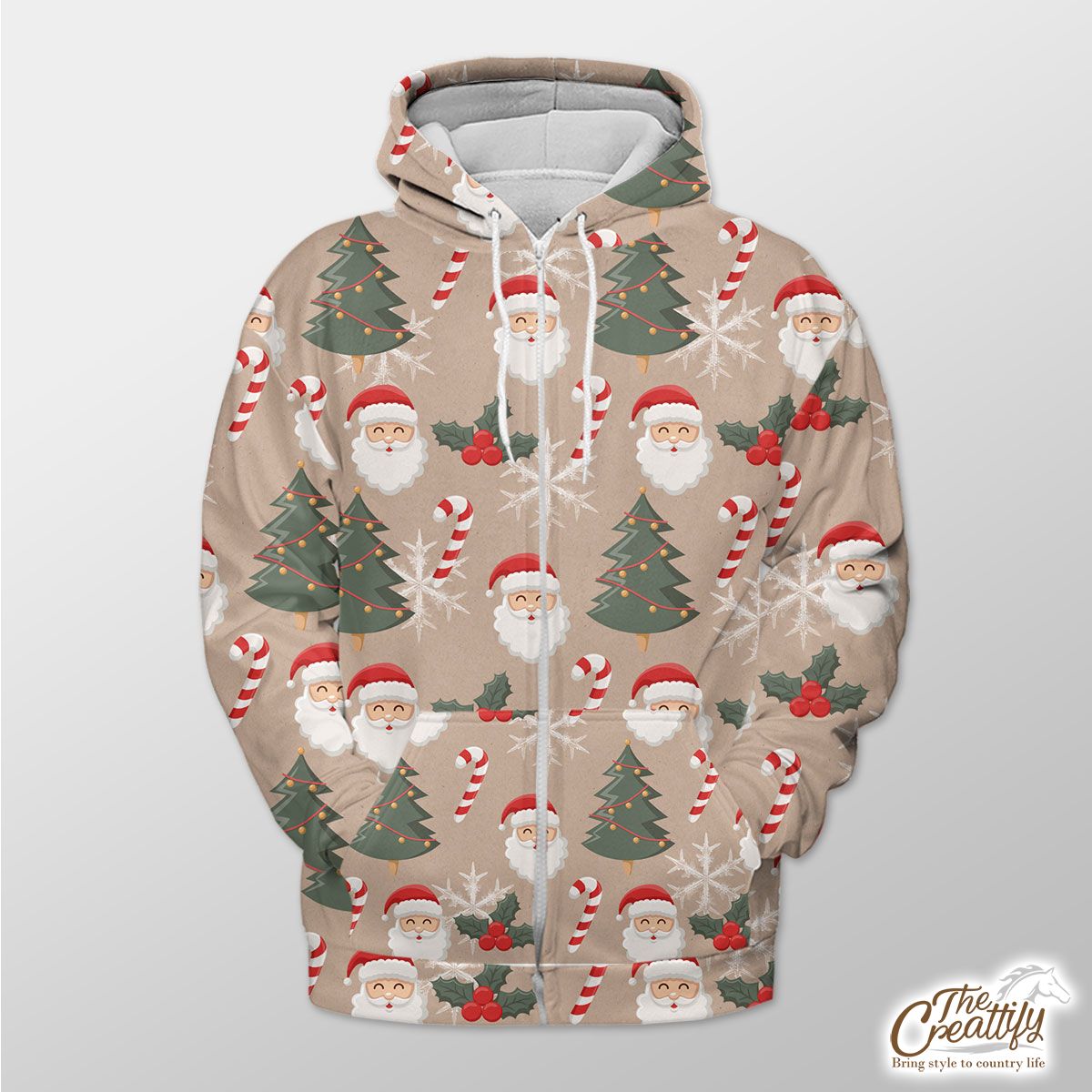 Santa Clause, Christmas Tree, Candy Cane, Holly Leaf On Snowflake Background Zip Hoodie