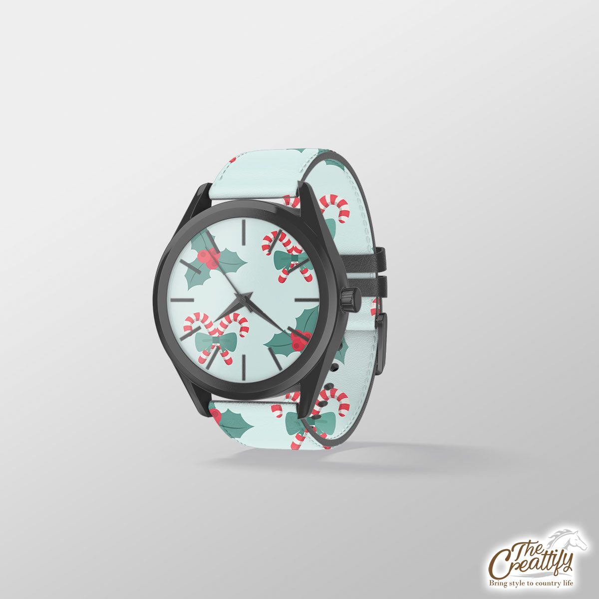 Candy Cane, Holly Leaf On Pastel Blue Background Print Watch