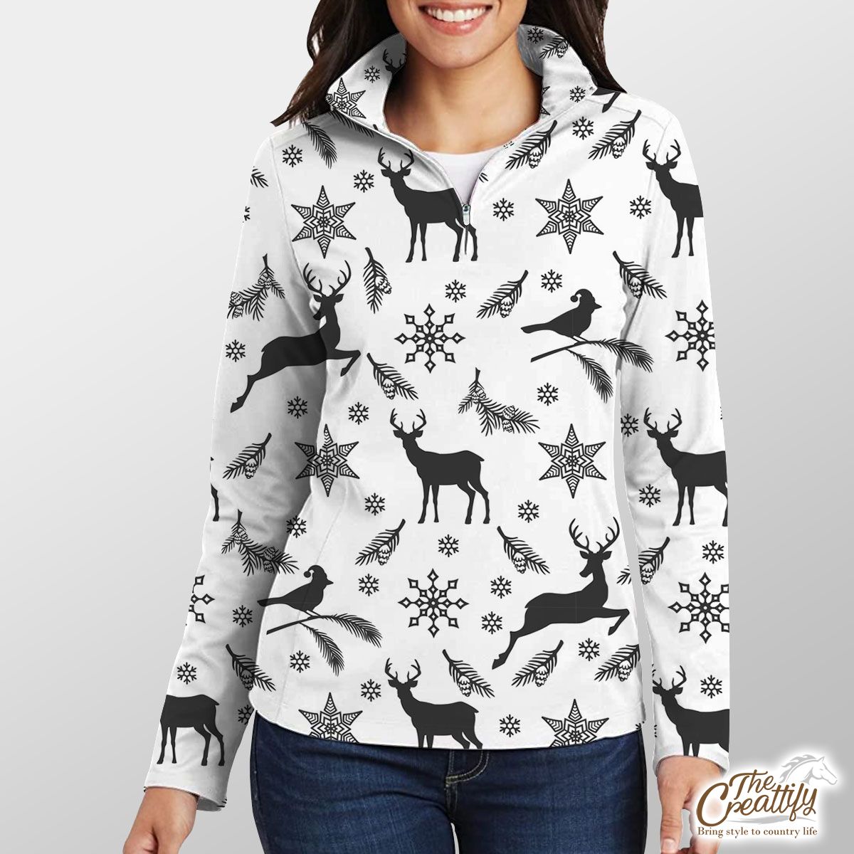 Black And White Reindeer And Snowlfake Christmas Quarter Zip Pullover