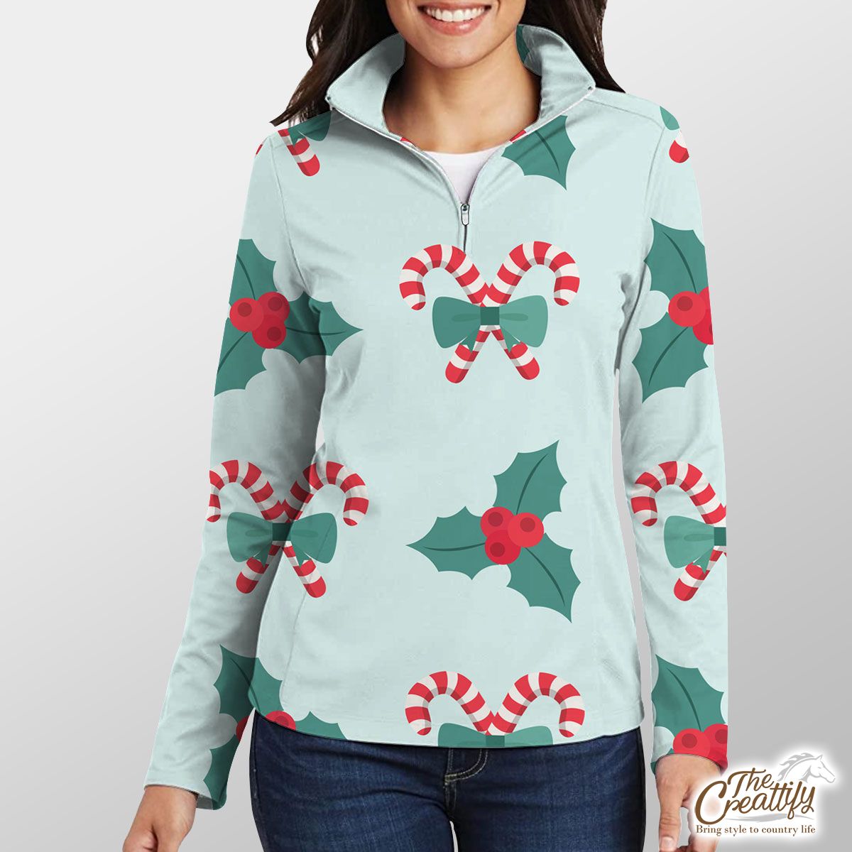 Candy Cane, Holly Leaf On Pastel Blue Background Quarter Zip Pullover