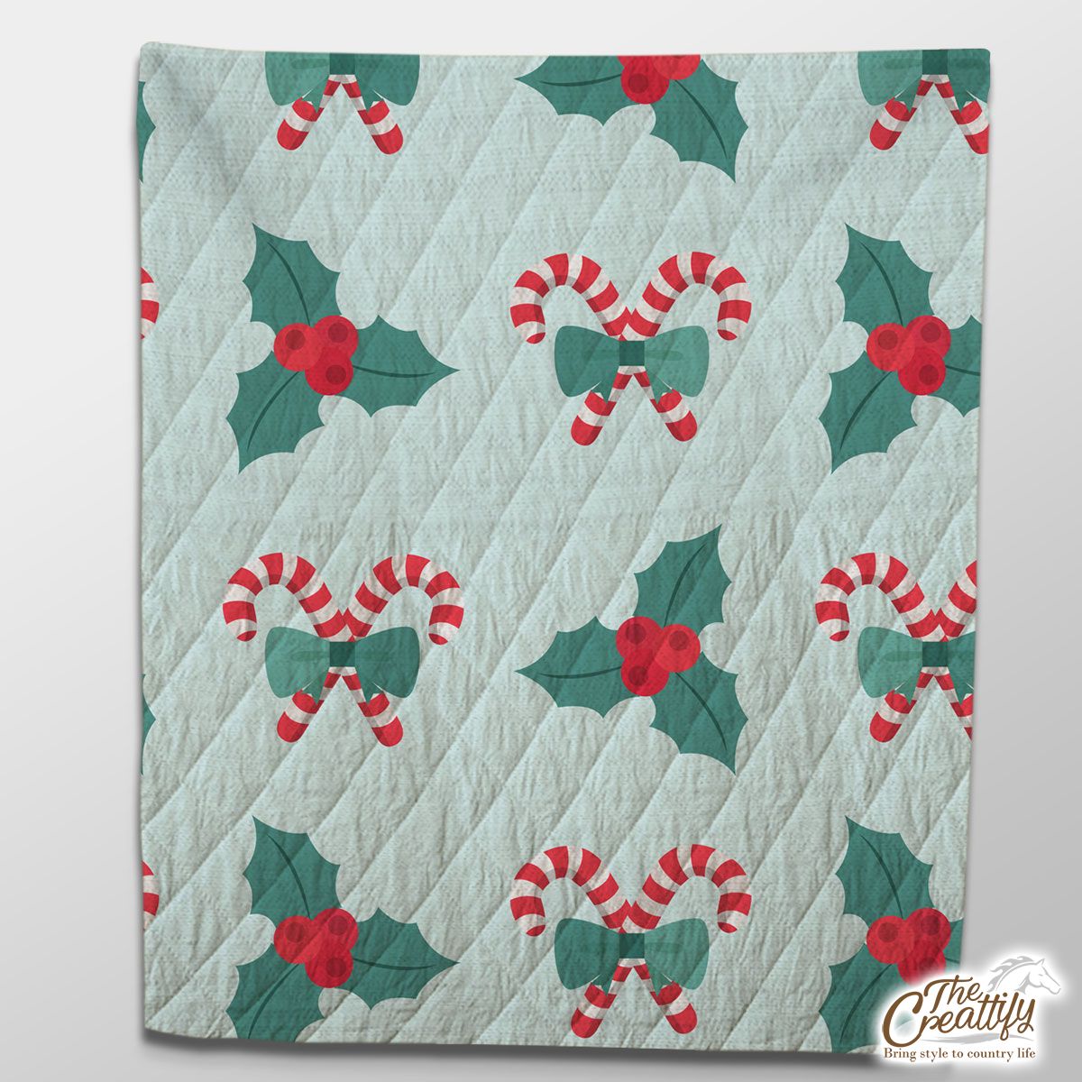 Candy Cane, Holly Leaf On Pastel Blue Background Quilt