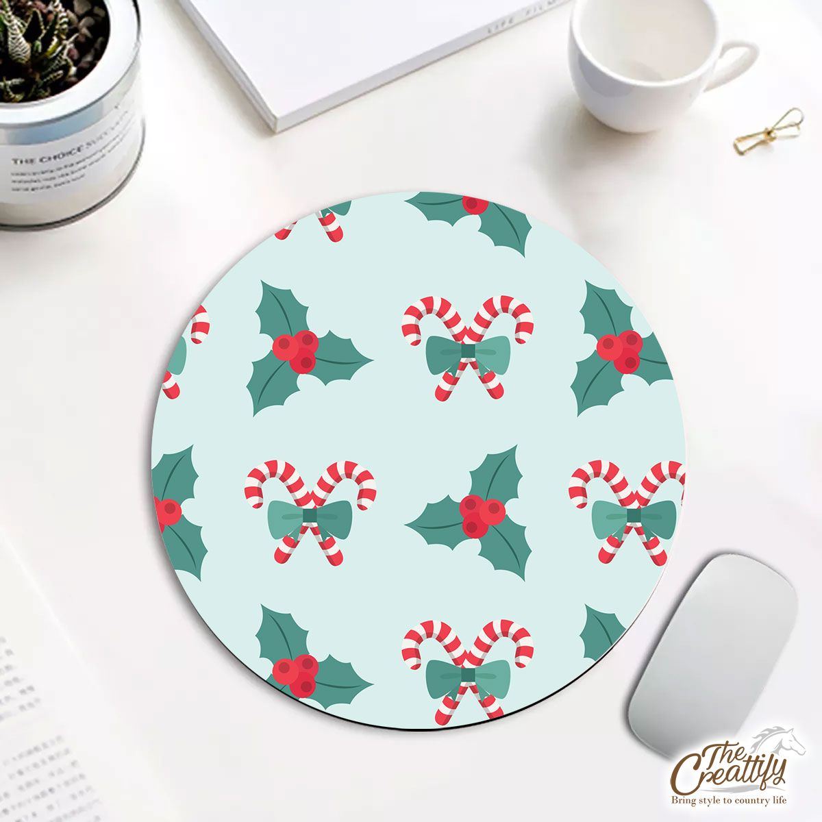 Candy Cane, Holly Leaf On Pastel Blue Background Round Mouse Pad