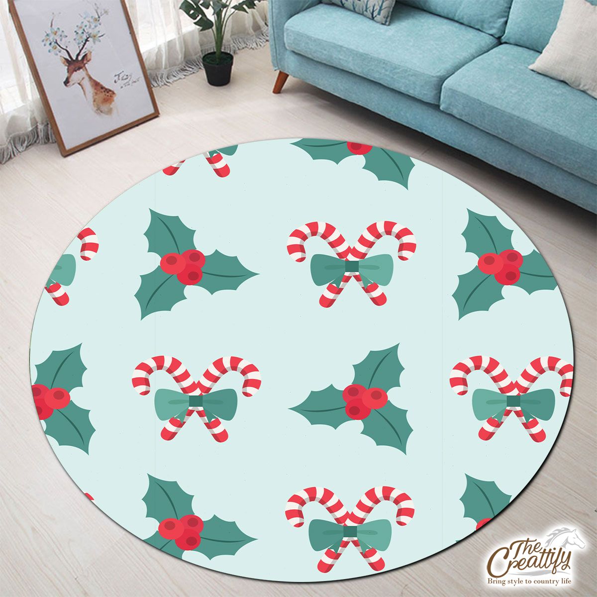 Candy Cane, Holly Leaf On Pastel Blue Background Round Carpet