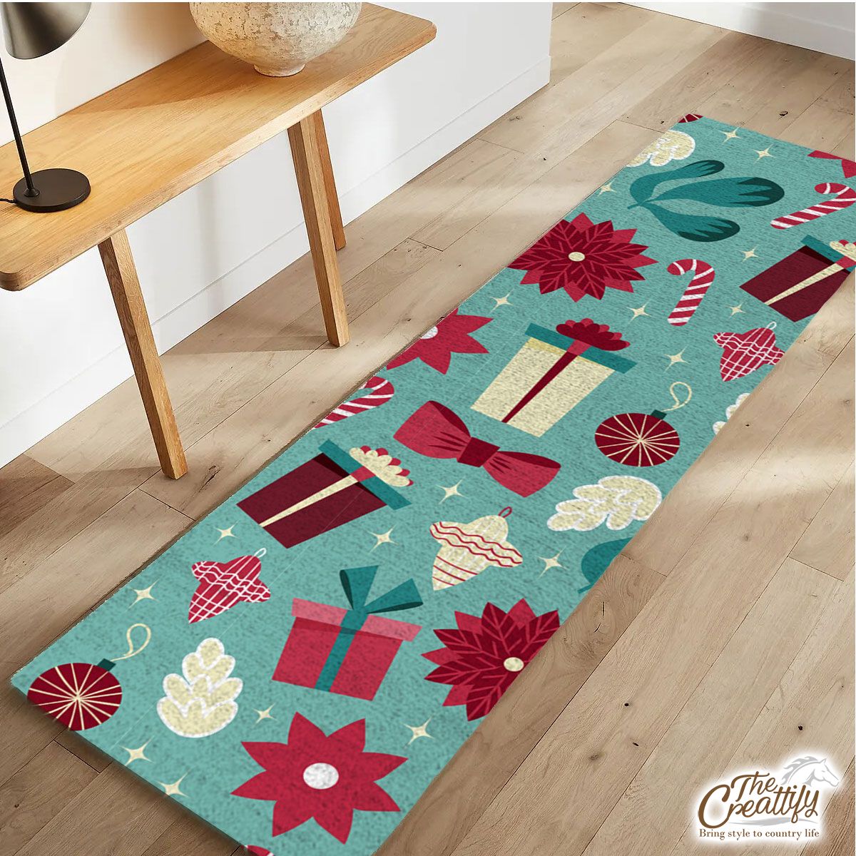 Christmas Gift, Candy Cane On Blue Background Runner Carpet