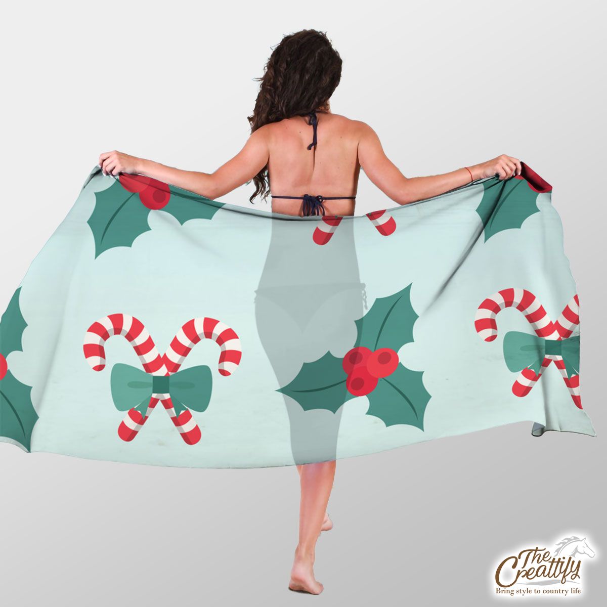 Candy Cane, Holly Leaf On Pastel Blue Background Sarong
