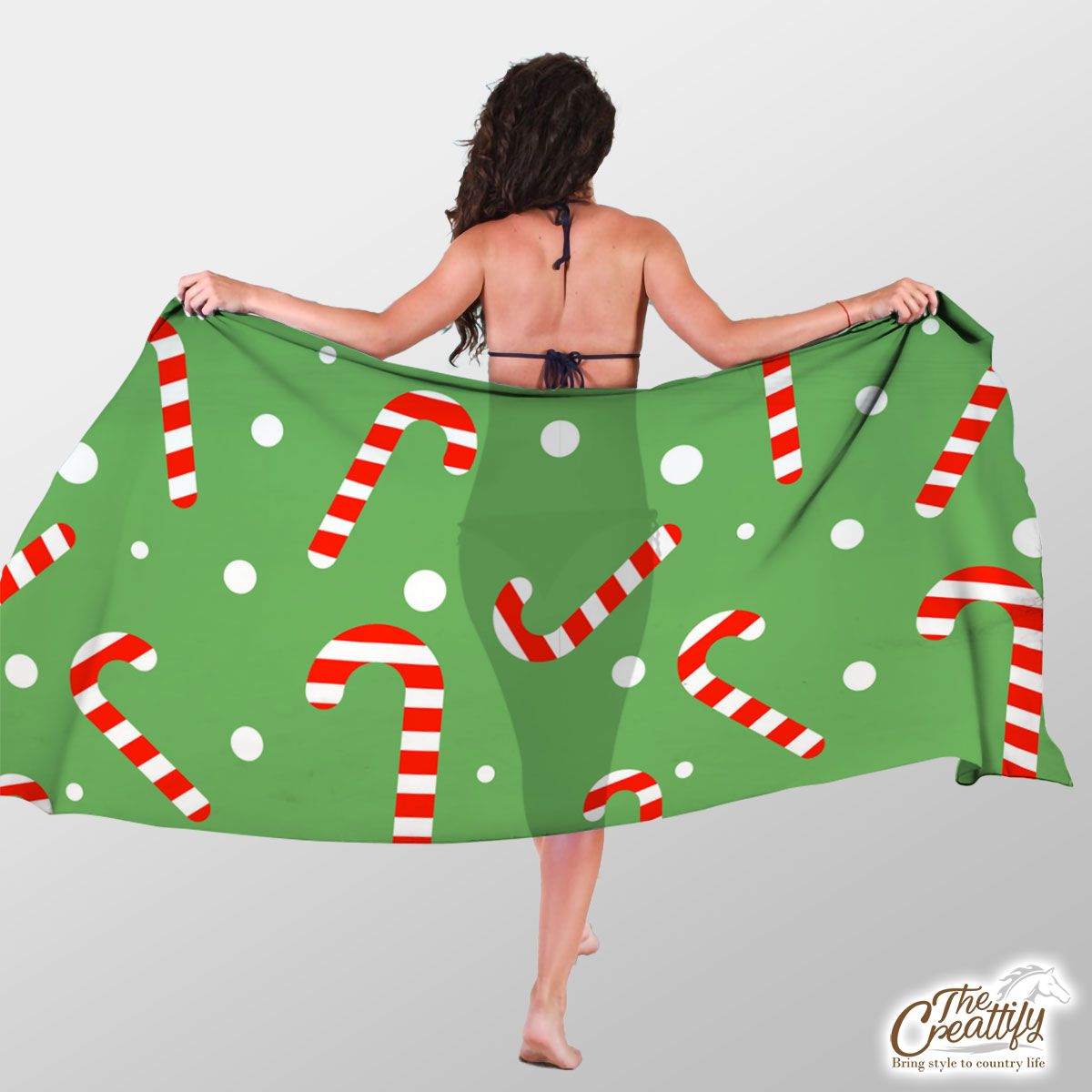 Candy Cane On Green And White Background Sarong