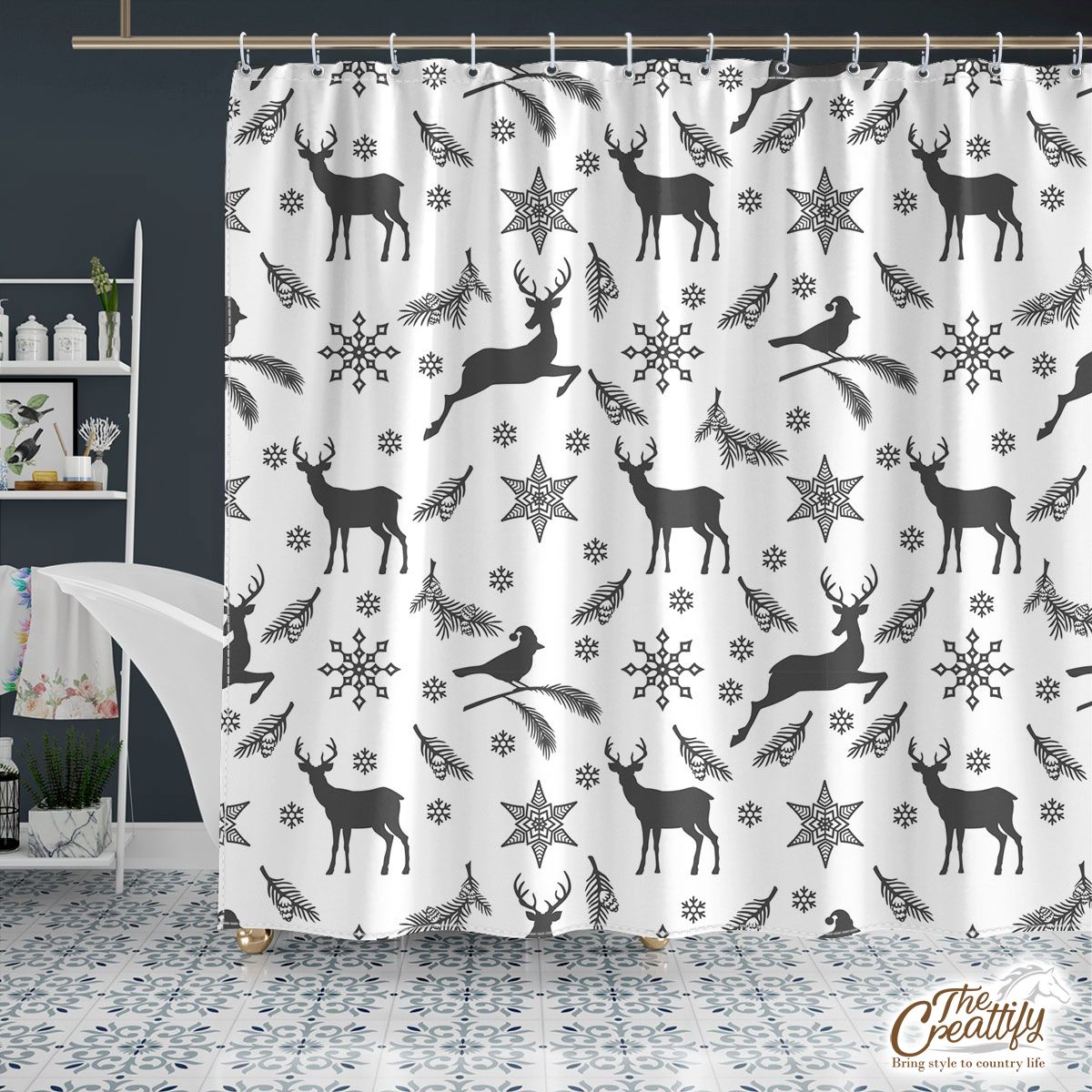 Black And White Reindeer And Snowlfake Christmas Shower Curtain