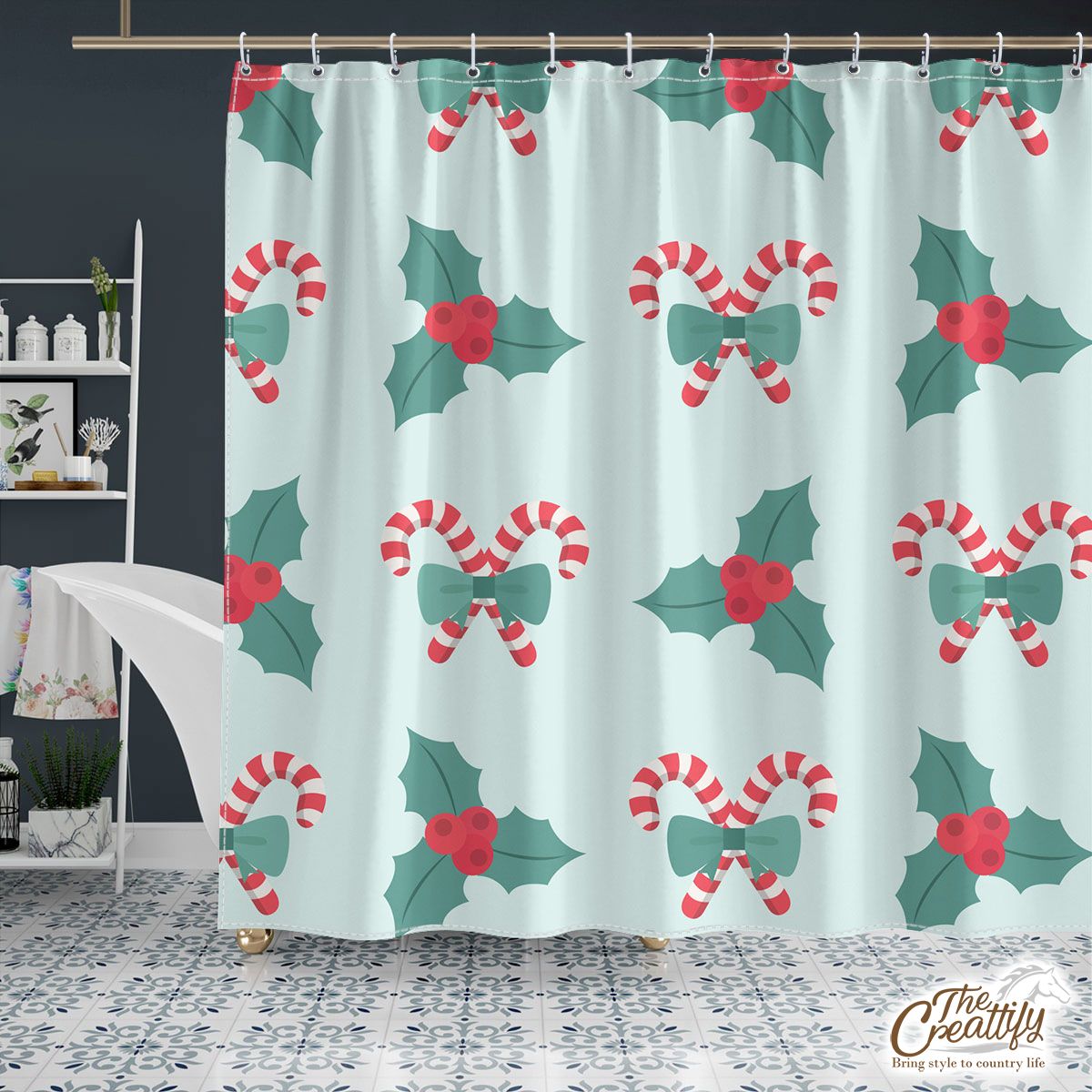 Candy Cane, Holly Leaf On Pastel Blue Background Shower Curtain