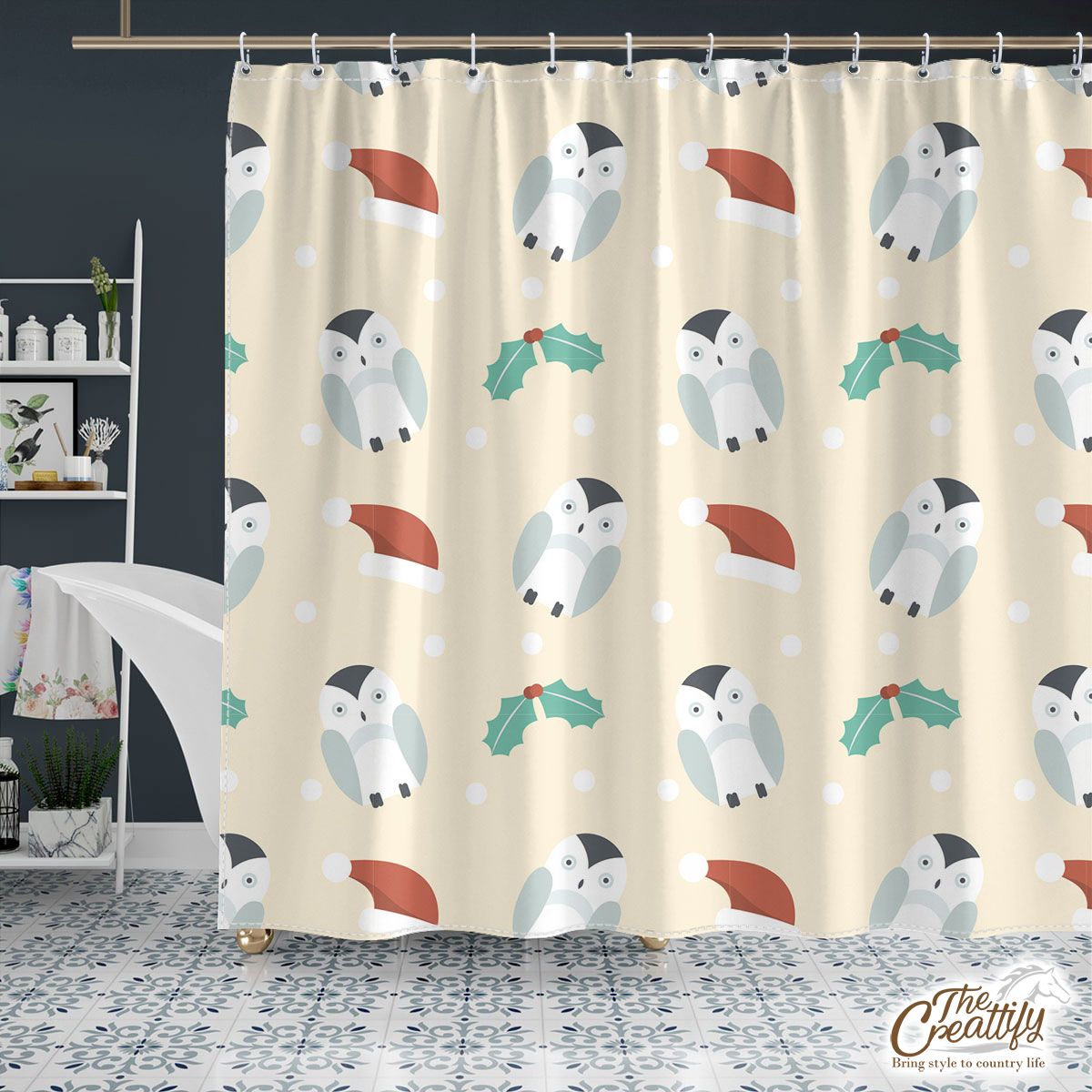 Christmas Penguins, Holly Leaf On Light Yellow Background Shower Curtain