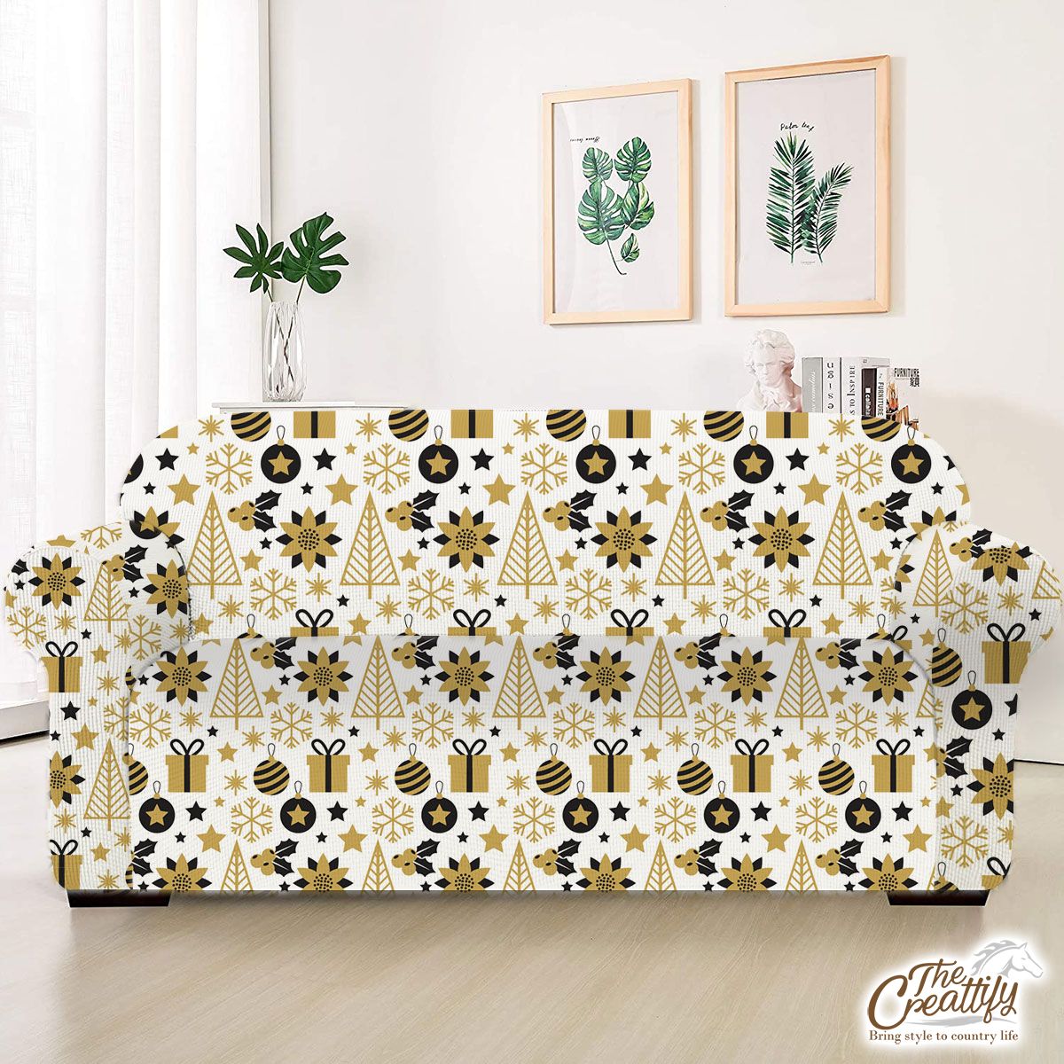 Black And Gold Christmas Gift, Holly Leaf, Snowflake On White Background Sofa Cover