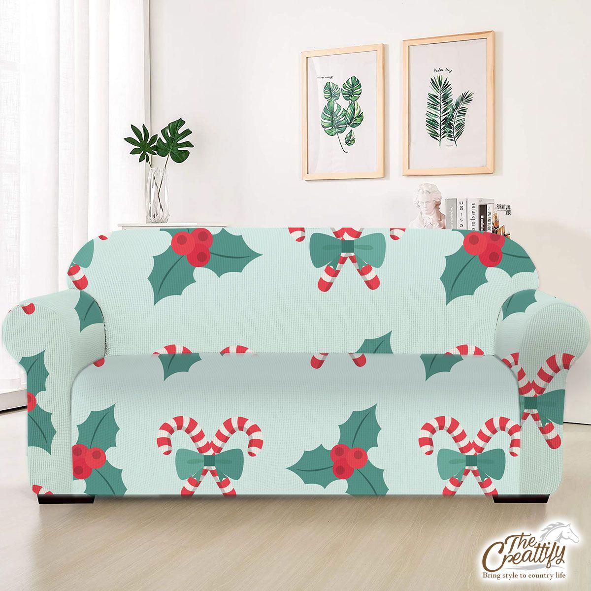 Candy Cane, Holly Leaf On Pastel Blue Background Sofa Cover