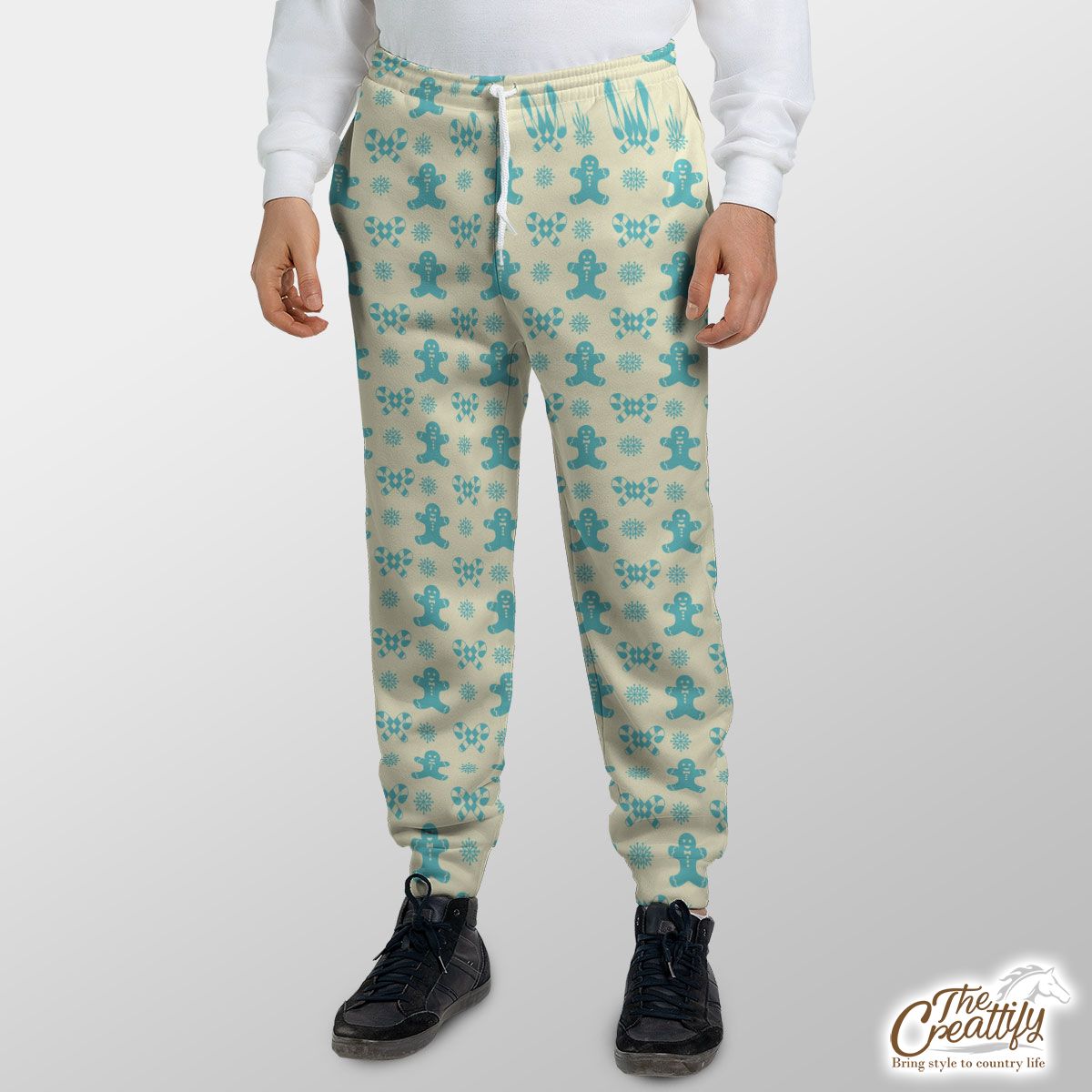 Christmas Gingerbread Man, Candy Cane On Snowflake Background Sweatpants