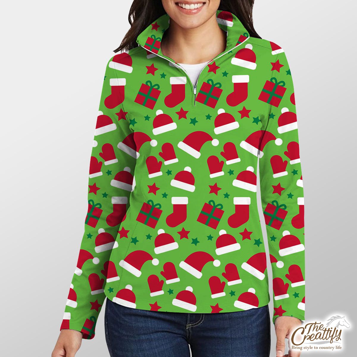 Red Green And White Christmas Gift, Christmas Socks, Santa Hat Quarter Zip Pullover