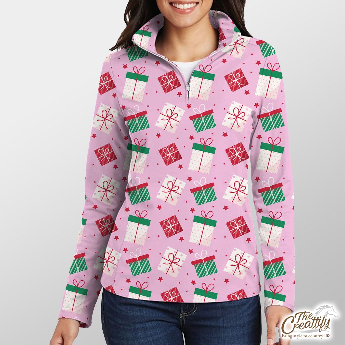 Red Green And White Christmas Gift On Pink Background Quarter Zip Pullover