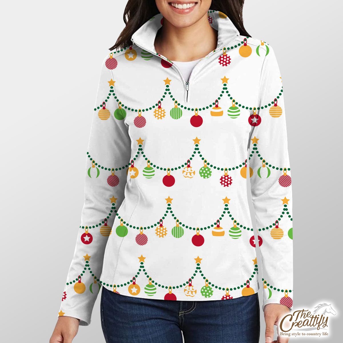 Red Green And White Christmas Light, Christmas Ball Quarter Zip Pullover