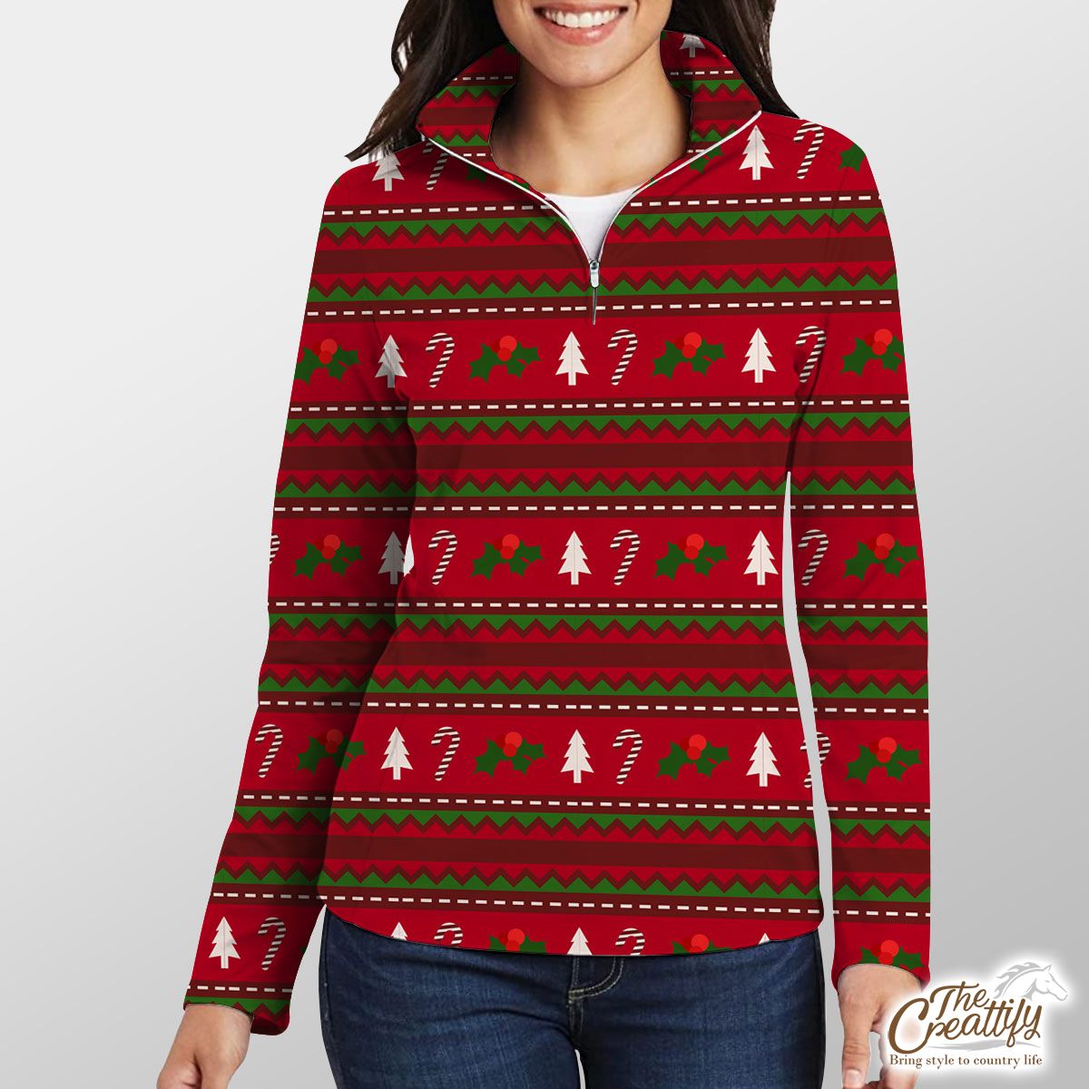 Red Green And White Christmas Tree, Holly Leaf With Candy Cane.jpg Quarter Zip Pullover