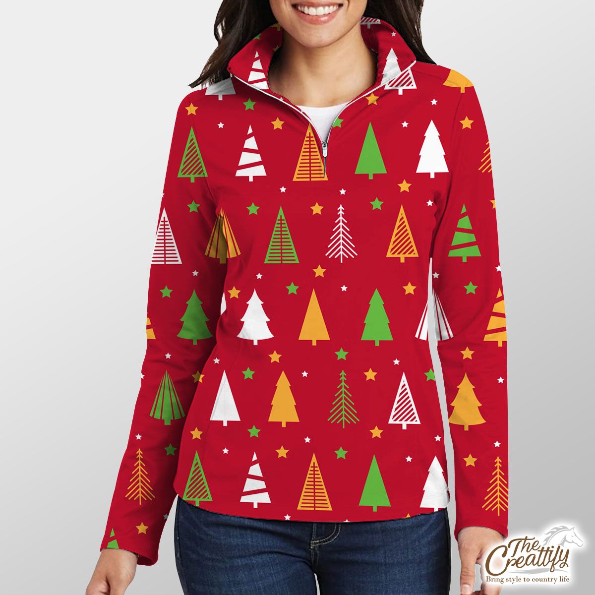 Red Green And White Christmas Tree With Star Quarter Zip Pullover