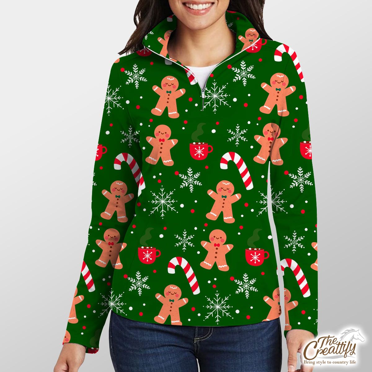 Red Green And White Gingerbread Man, Candy Cane With Snowflake Quarter Zip Pullover