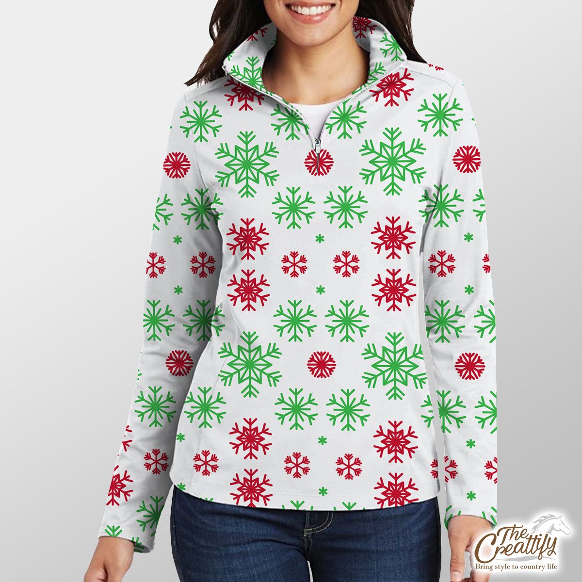 Red Green And White Snowflake Quarter Zip Pullover