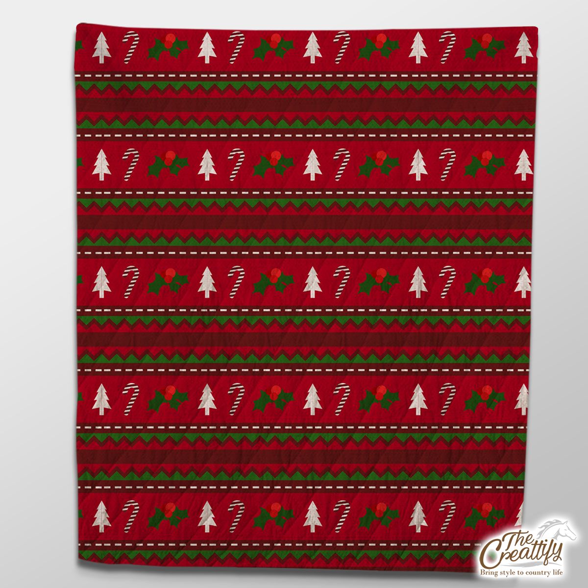 Red Green And White Christmas Tree, Holly Leaf With Candy Cane.jpg Quilt