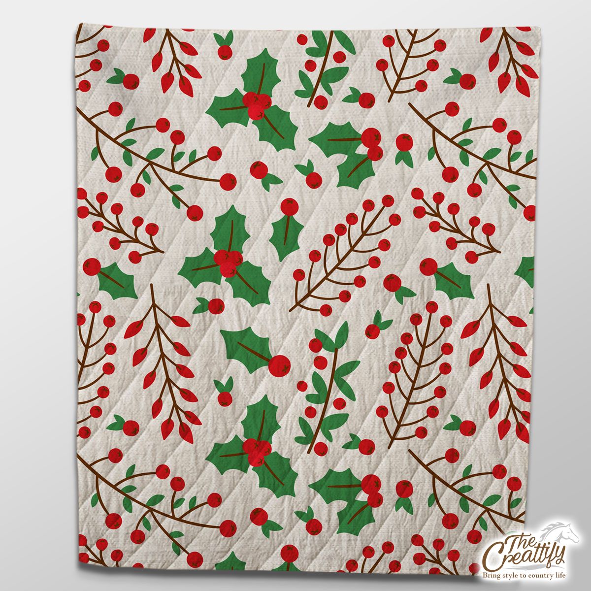 Red Green And White Cranberry Branch With Holly Leaf Quilt