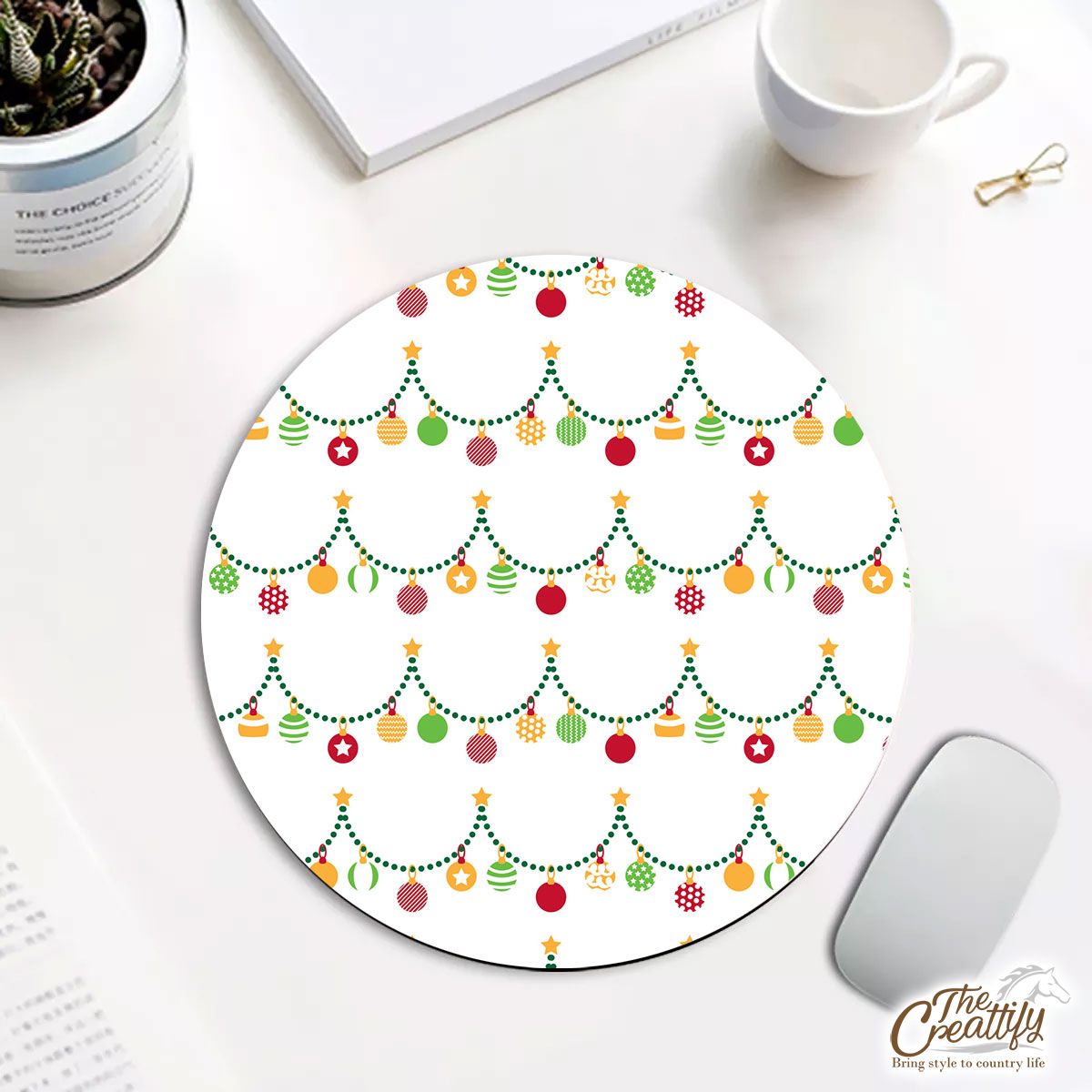 Red Green And White Christmas Light, Christmas Ball Round Mouse Pad