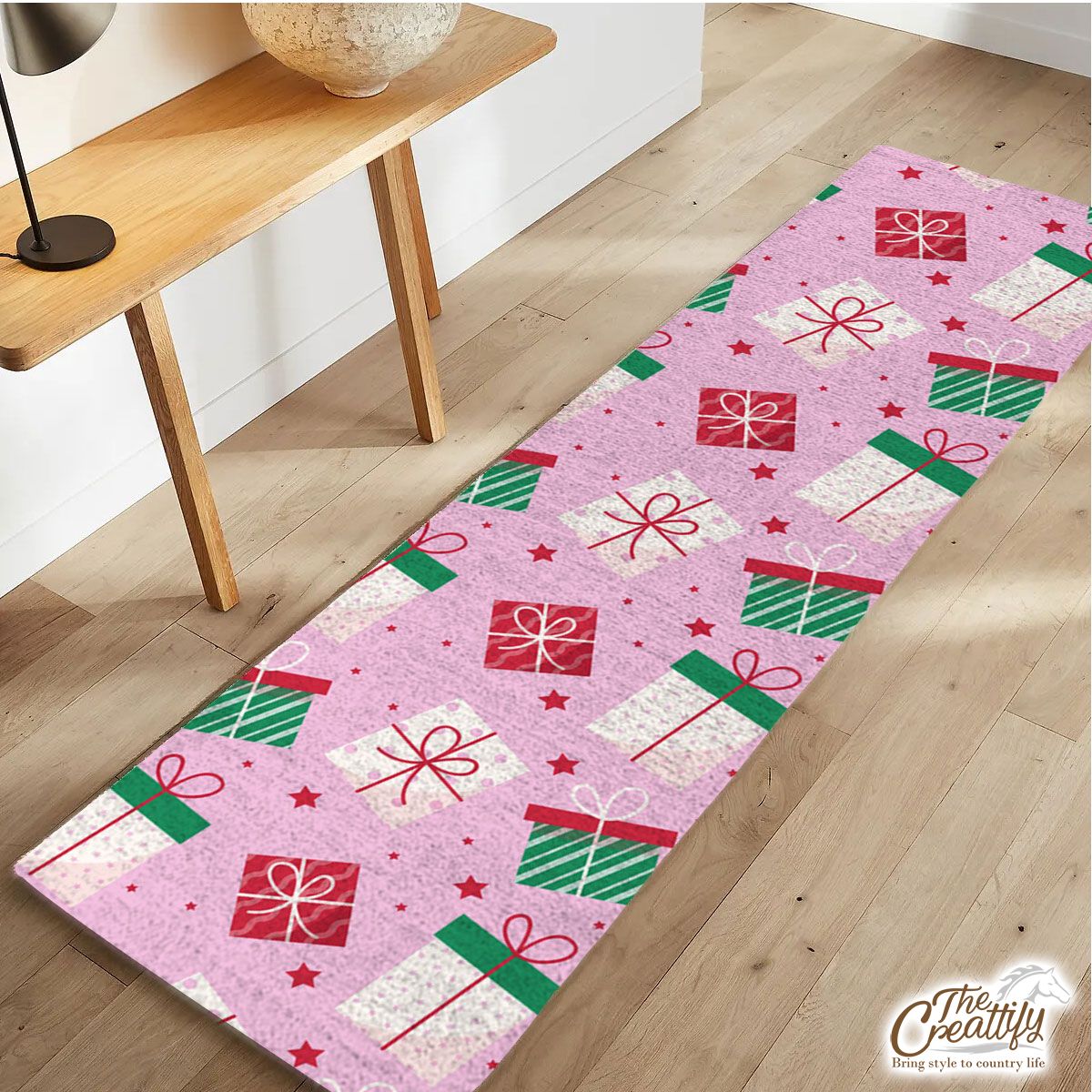 Red Green And White Christmas Gift On Pink Background Runner Carpet