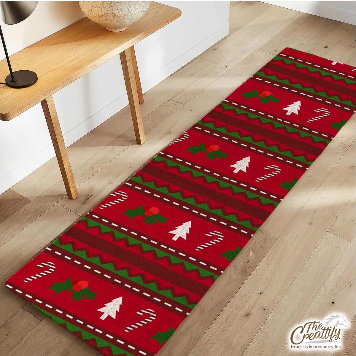 Red Green And White Christmas Tree, Holly Leaf With Candy Cane.jpg Runner Carpet