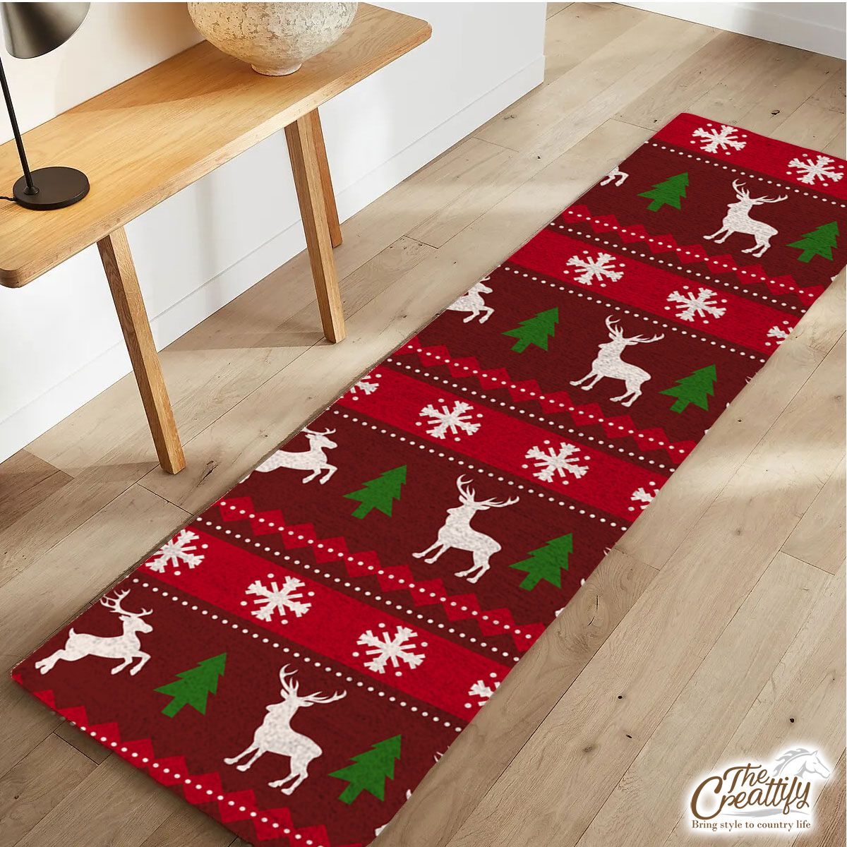 Red Green And White Christmas Tree, Reindeer With Snowflake Runner Carpet