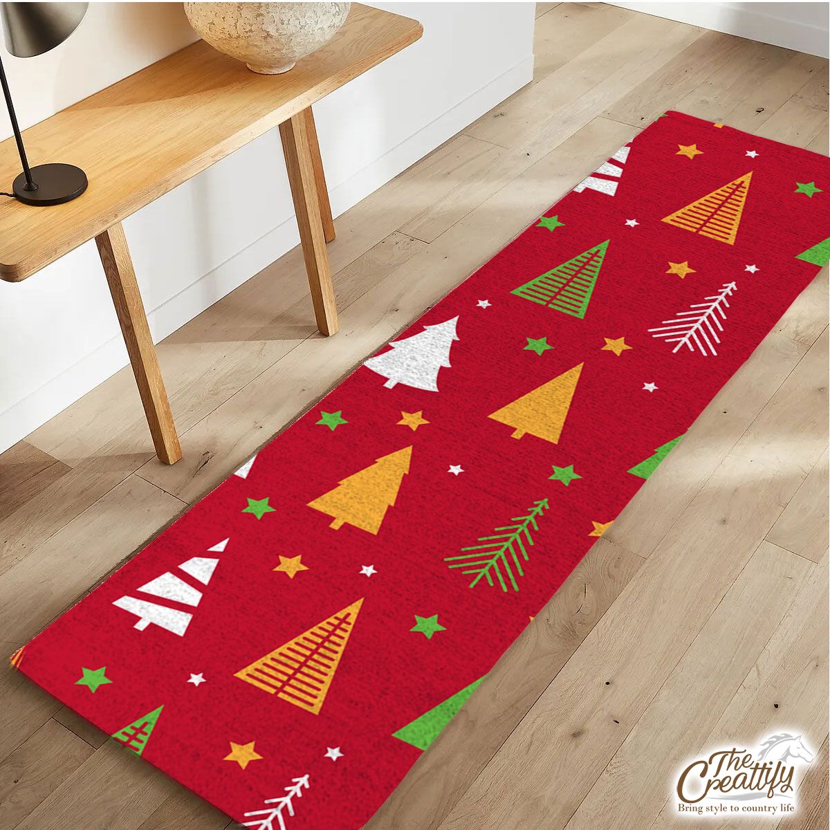 Red Green And White Christmas Tree With Star Runner Carpet