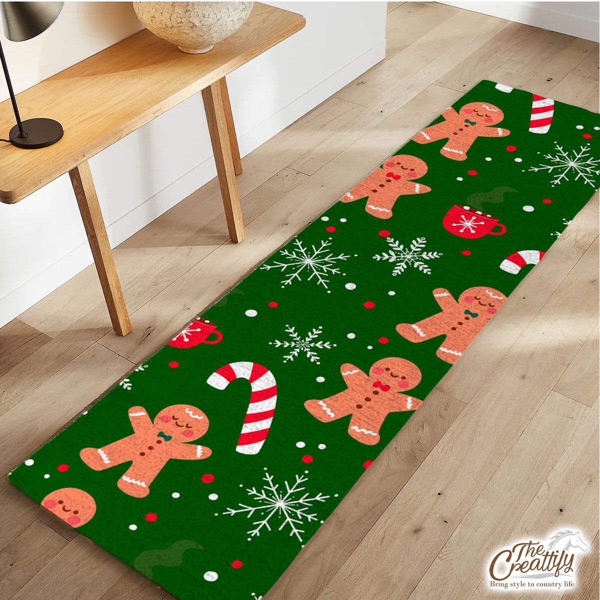 Red Green And White Gingerbread Man, Candy Cane With Snowflake Runner Carpet