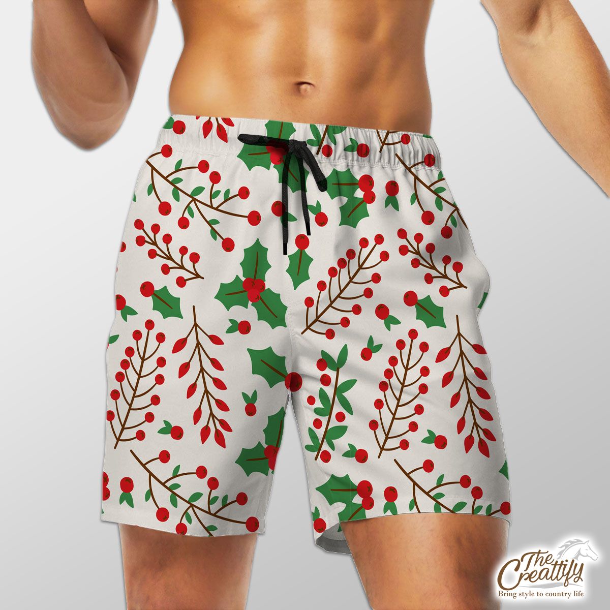 Red Green And White Cranberry Branch With Holly Leaf Shorts