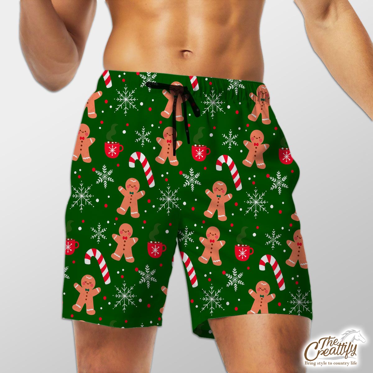 Red Green And White Gingerbread Man, Candy Cane With Snowflake Shorts