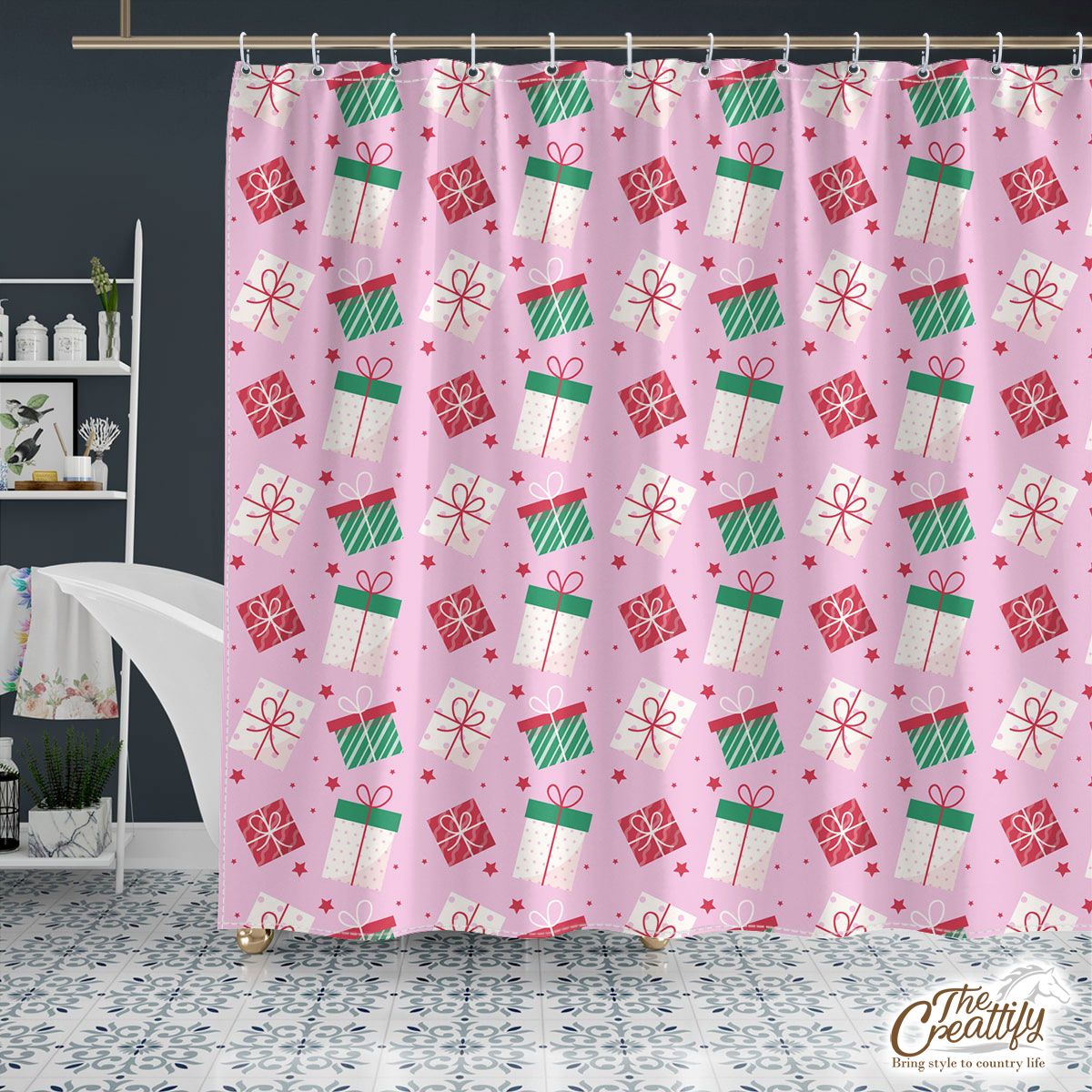Red Green And White Christmas Gift On Pink Background Shower Curtain