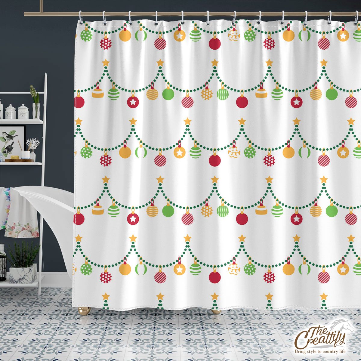 Red Green And White Christmas Light, Christmas Ball Shower Curtain