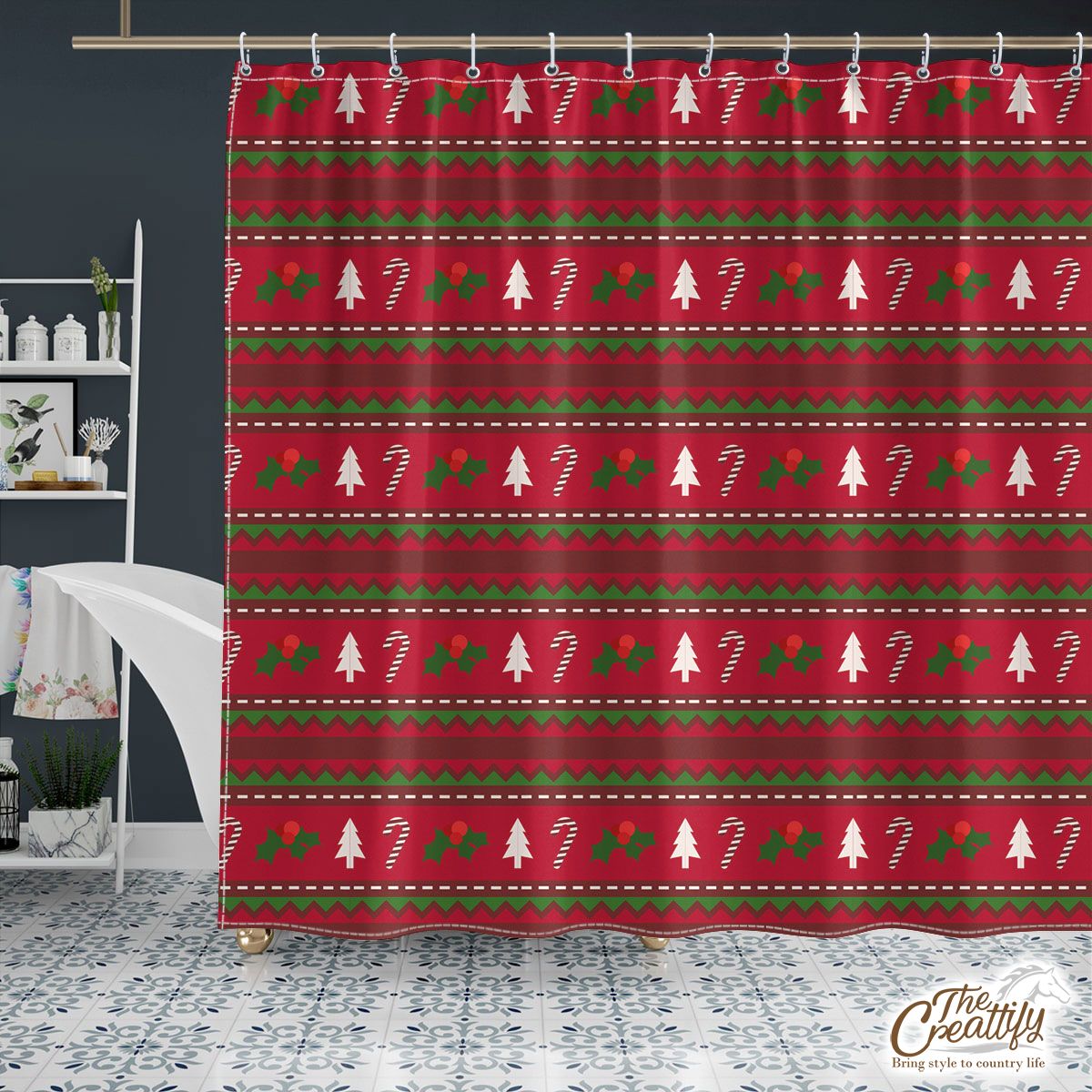 Red Green And White Christmas Tree, Holly Leaf With Candy Cane.jpg Shower Curtain