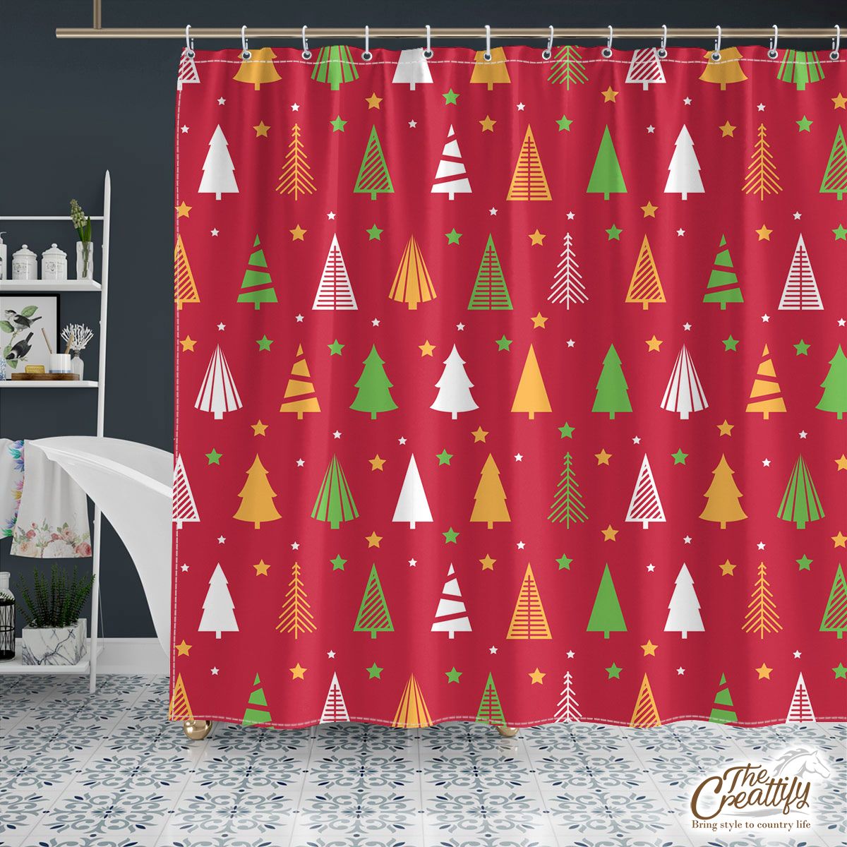 Red Green And White Christmas Tree With Star Shower Curtain