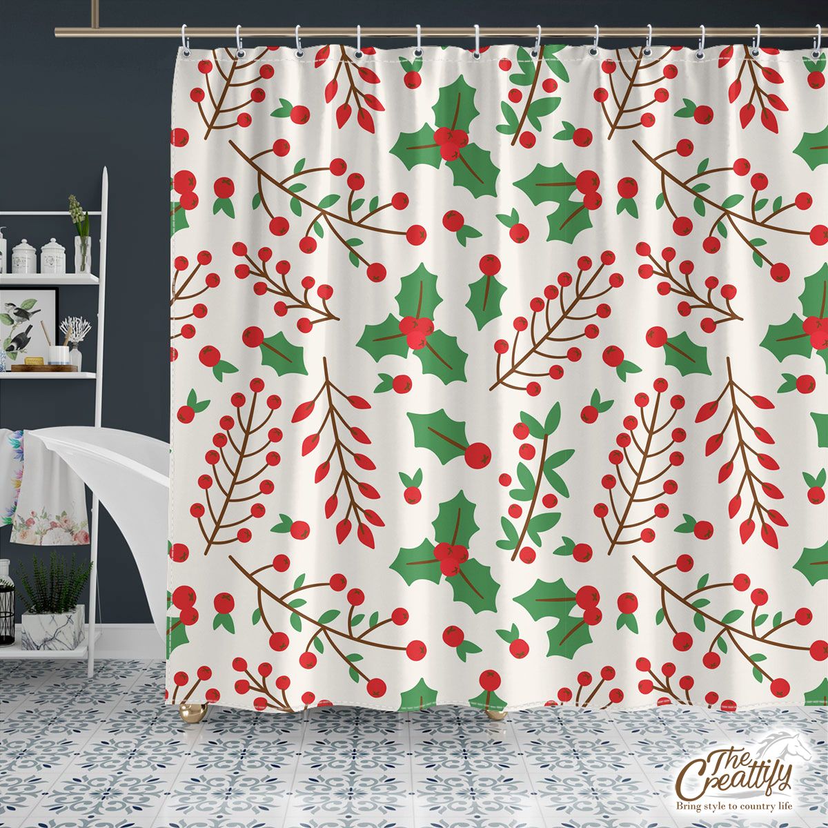 Red Green And White Cranberry Branch With Holly Leaf Shower Curtain