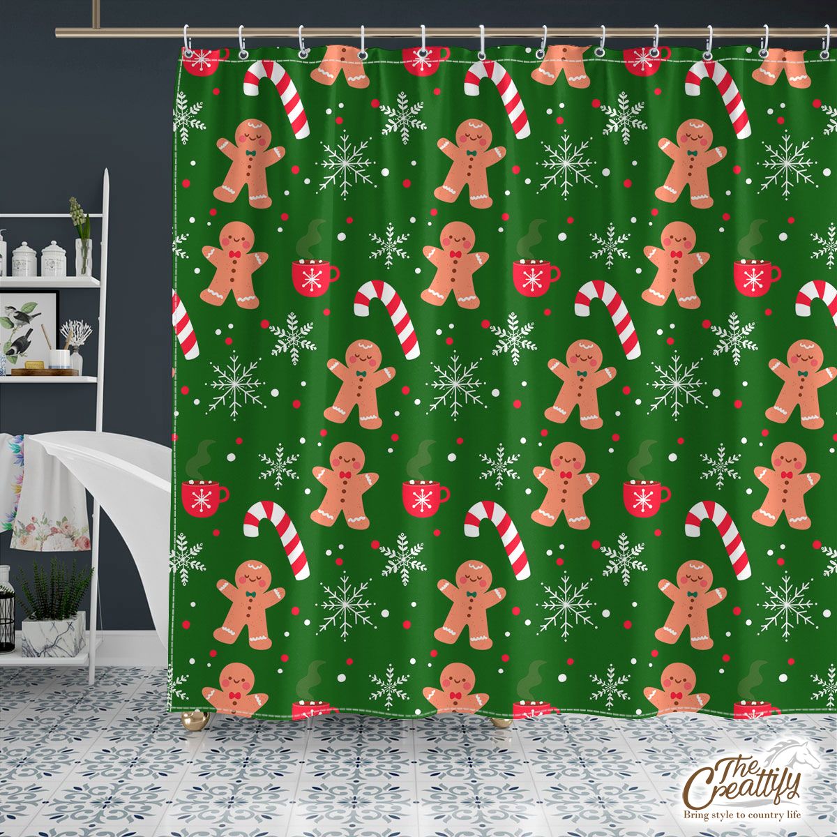 Red Green And White Gingerbread Man, Candy Cane With Snowflake Shower Curtain