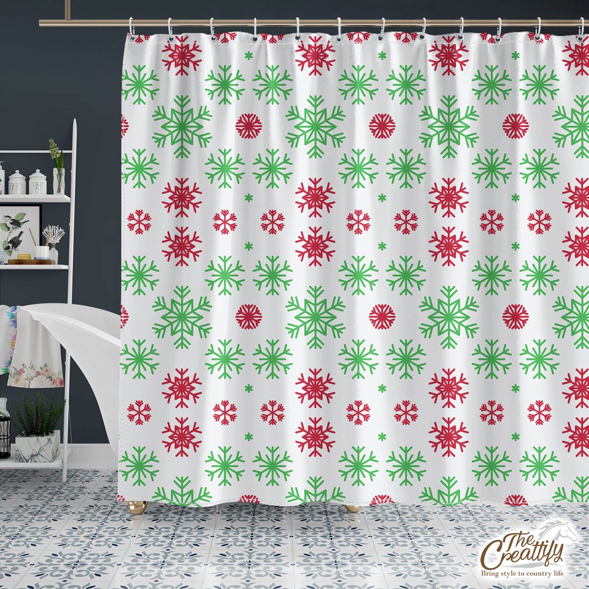 Red Green And White Snowflake Shower Curtain