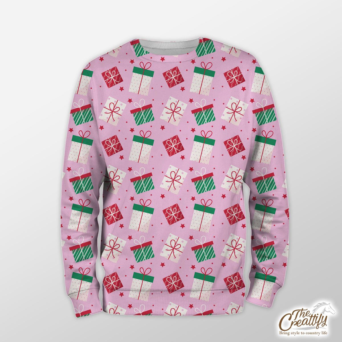 Red Green And White Christmas Gift On Pink Background Sweatshirt