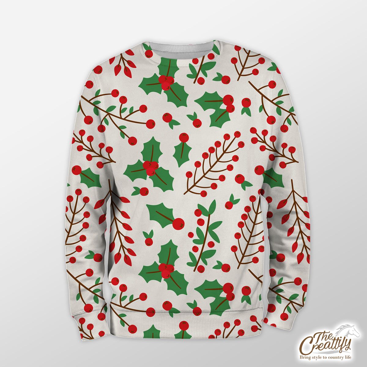 Red Green And White Cranberry Branch With Holly Leaf Sweatshirt