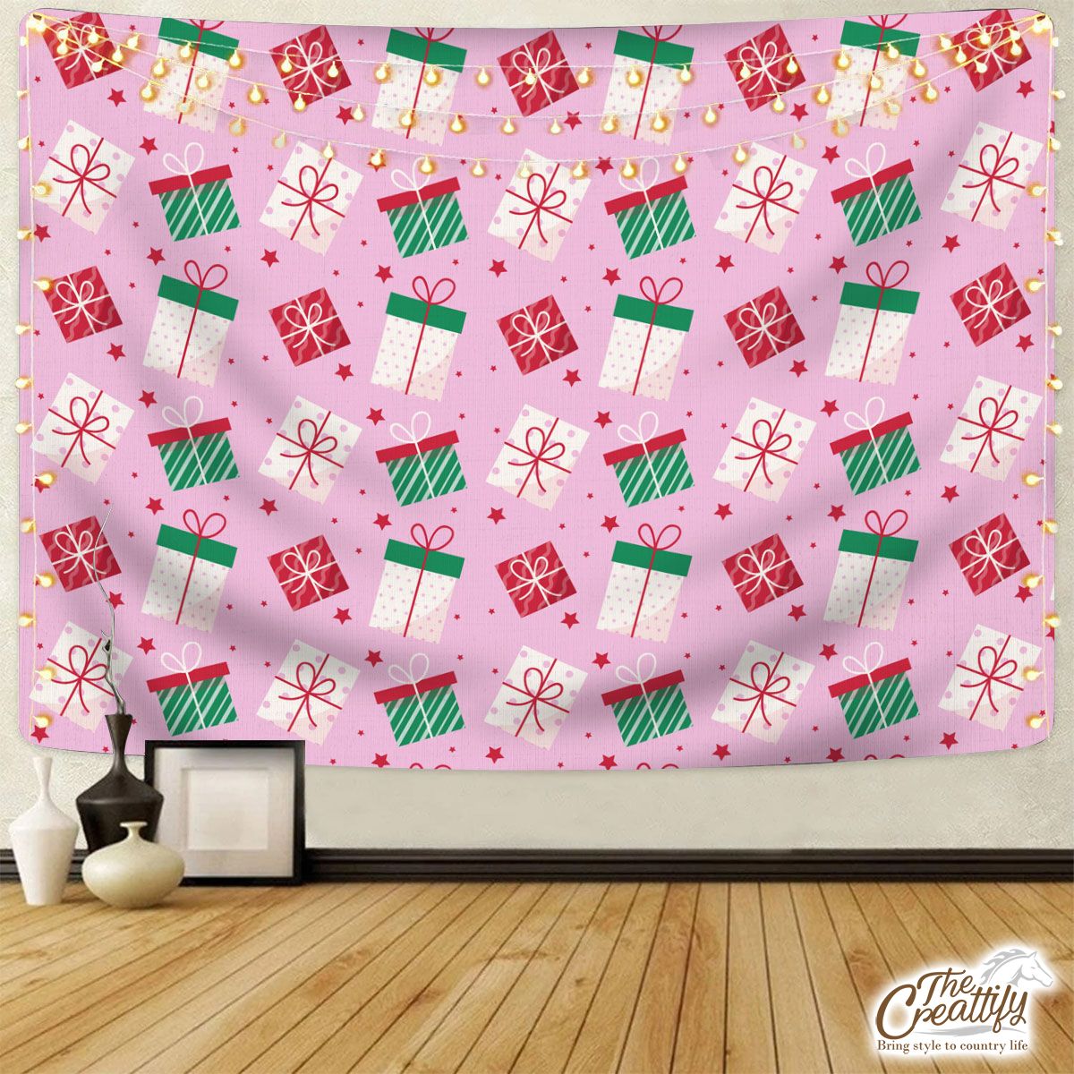 Red Green And White Christmas Gift On Pink Background Tapestry